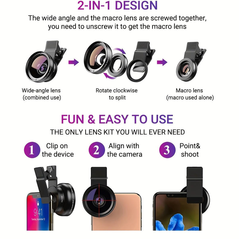 New HD 37mm 0.45x Super Wide Angle Lens with 12.5X Super Macro Lens for iPhone Smartphones Phone Lens Kit