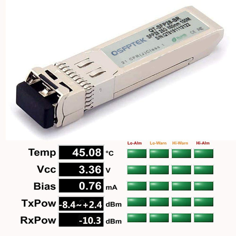 QSFPTEK 25G SFP28 Module, 25Gbase-SR Network Transceiver, 850nm 100m DOM LC, Multi-Mode Optical Mini Gbic for Juniper QFX-SFP-25G-SR 25GBASE-SR:100m
