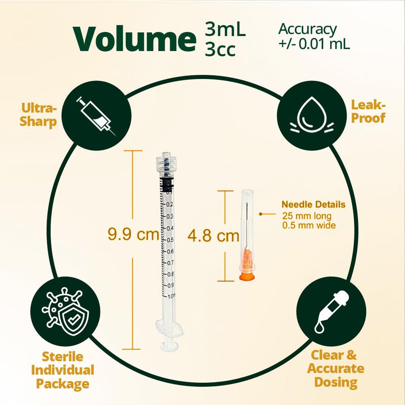 Elimedical Veterinary Syringe with Needle, Luer Lock 3cc (3ml), 25G x 5/8 inch (16mm), Individually Sealed, 100 per box, 03LT2516