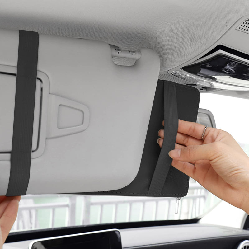 2 Packs Car Sun Visor Pocket Organizer for Car Truck, Car Visor Storage Pouch with Big Zipper Pocket, Card Sleeve Pocket Organizer, Drving License, Insurance, Sunglasses, Pen, Key, Phone, Lipstick 2PCS, Black