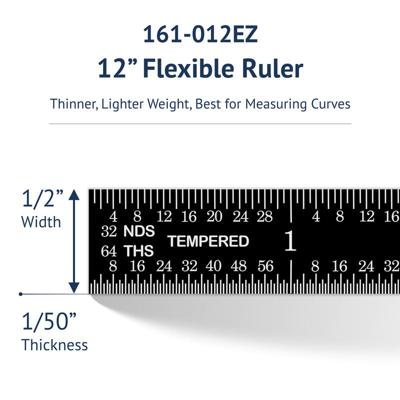 PEC Tools Stainless Steel Ruler Set (6"+12"), High-Contrast Machinist Ruler with Markings 1/32", 1/64", 1/50" and 1/100", Made in USA Black Chrome-Flexible 6"+12"