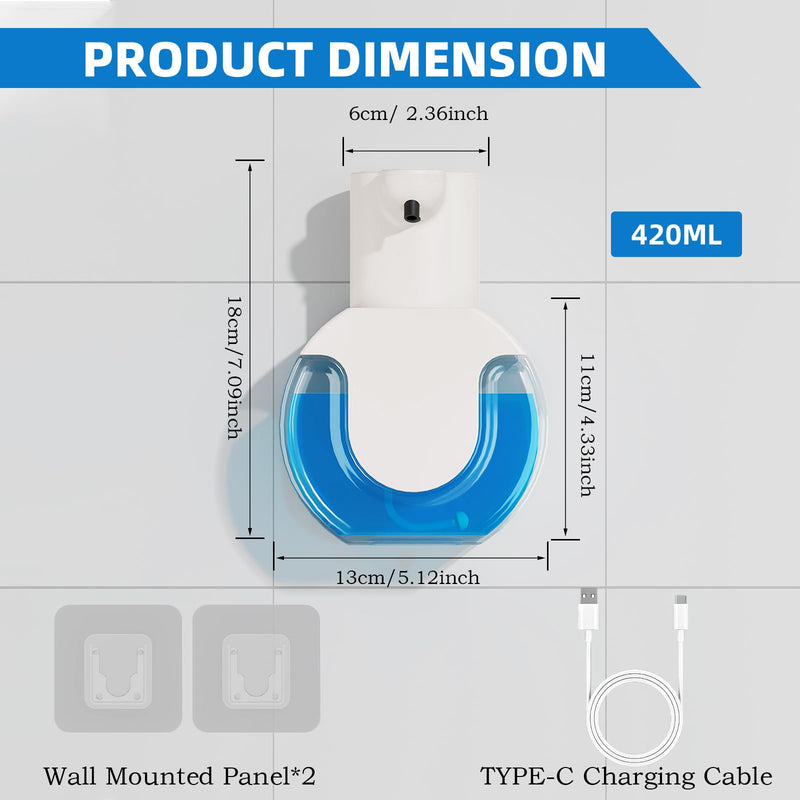 Automatic Soap Dispenser Touchless,Rechargeable Foaming Soap Dispenser,15oz/420ml Smart Hand Soap Dispensers,4-Level Adjustable,Wall Mount for Bathroom Kitchen Dish Soap,Hands-Free White Foam
