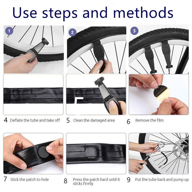 YBEKI 10-in-1 Bike Repair Kit with, 3-in-1 Tire Levers, Glueless Patches, Multifunctional Bone Wrench & Waterproof Saddle Bag | Compact Bicycle Multi-Tool Kit for Emergency Roadside Repairs Blue Tool Kits 10 in 1 + Bag
