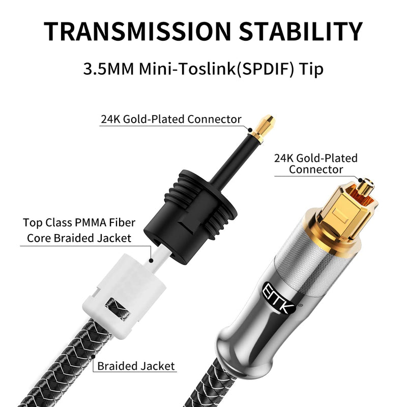 EMK 24K Gold-Plated Toslink to Mini Toslink Cable (6ft/2M) - Digital Optical Audio Cable with 3.5mm Mini Plug for Soundbar, Home Theater, TV - Silver SPDIF Fiber Optic Cable 6 Feet/2M 3.5MM Mini Toslink