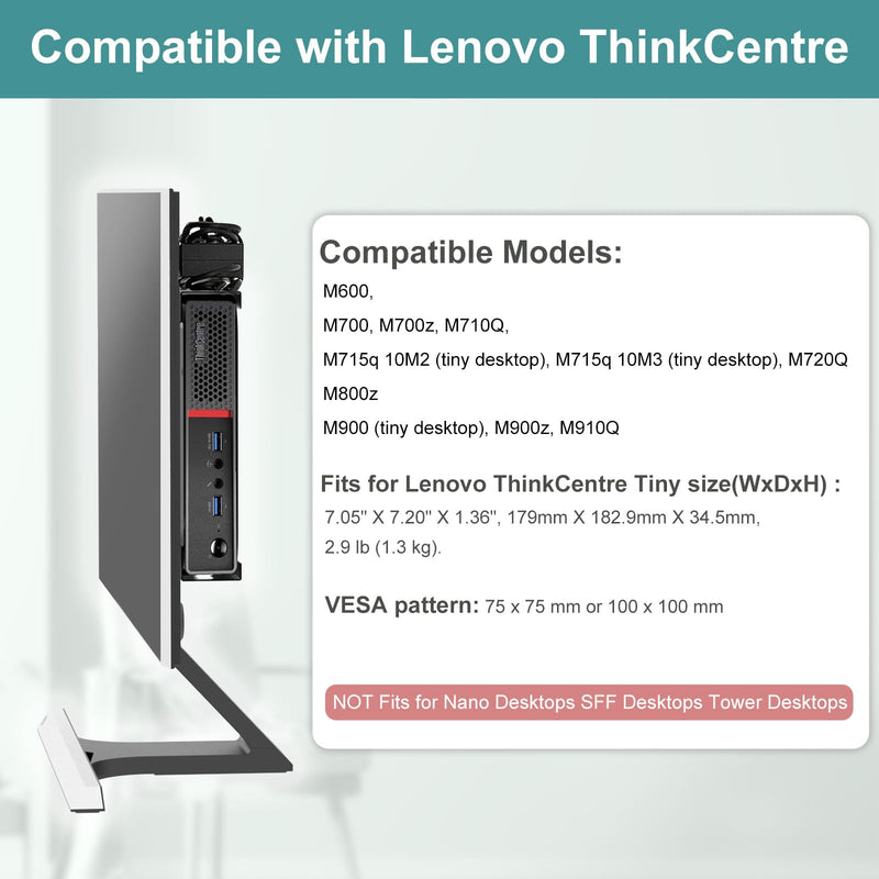 Mini PC Vesa Mount for Lenovo Connected to Monitor Arm Mount, Wall/Under Desk/VESA Mount for Lenovo ThinkCentre M910Q, M600, M700/z, M720Q, M800z, M900/x/z, M73, M710Q, M715Q Tiny PC