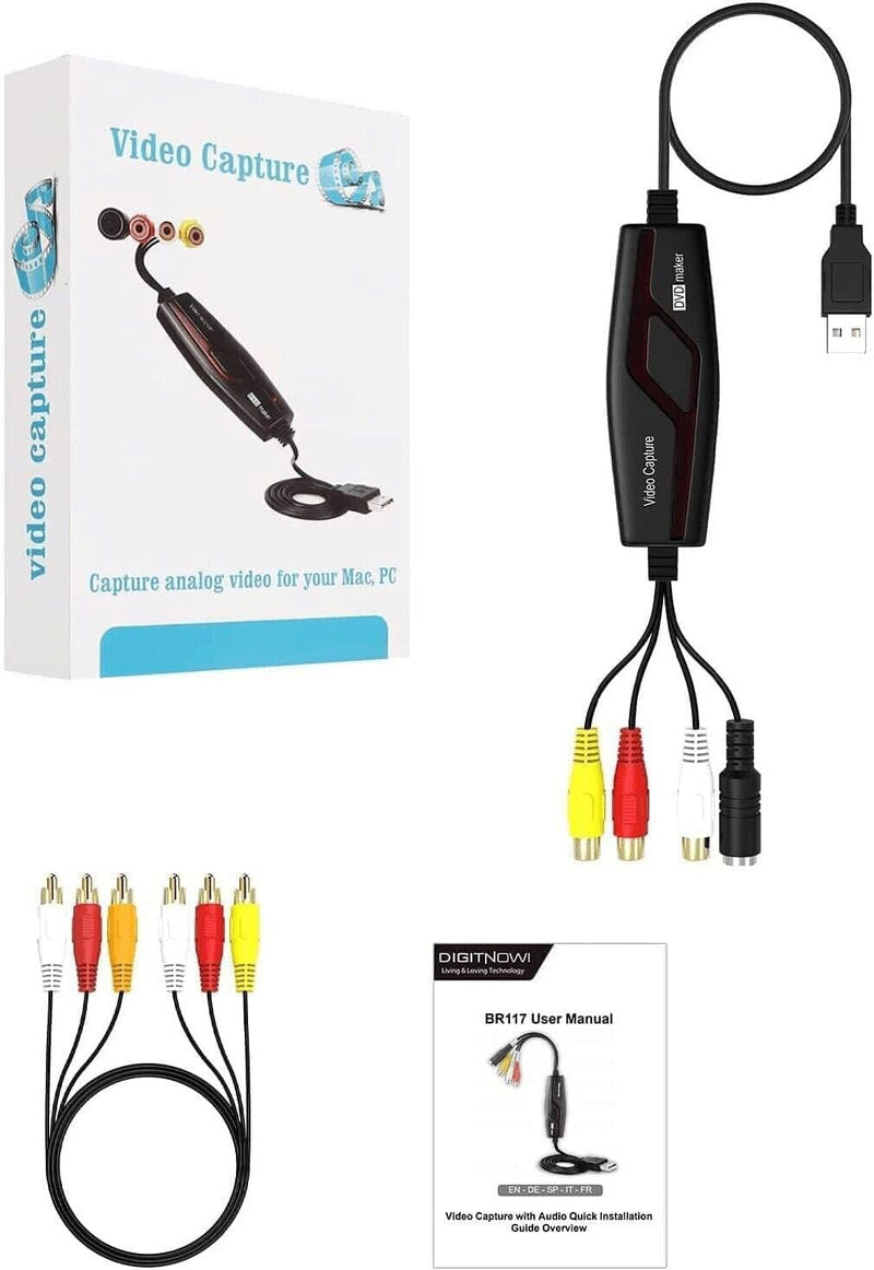 VHS TO Digital Converter, USB Video Capture Card, Video Capture Device, RCA TO USB Converter,Convert VHS VCR Hi8 Mini DV to Digital/DVD,For Tape Player Camcorder Camera PC TV,Windows Mac OS Compatible Black