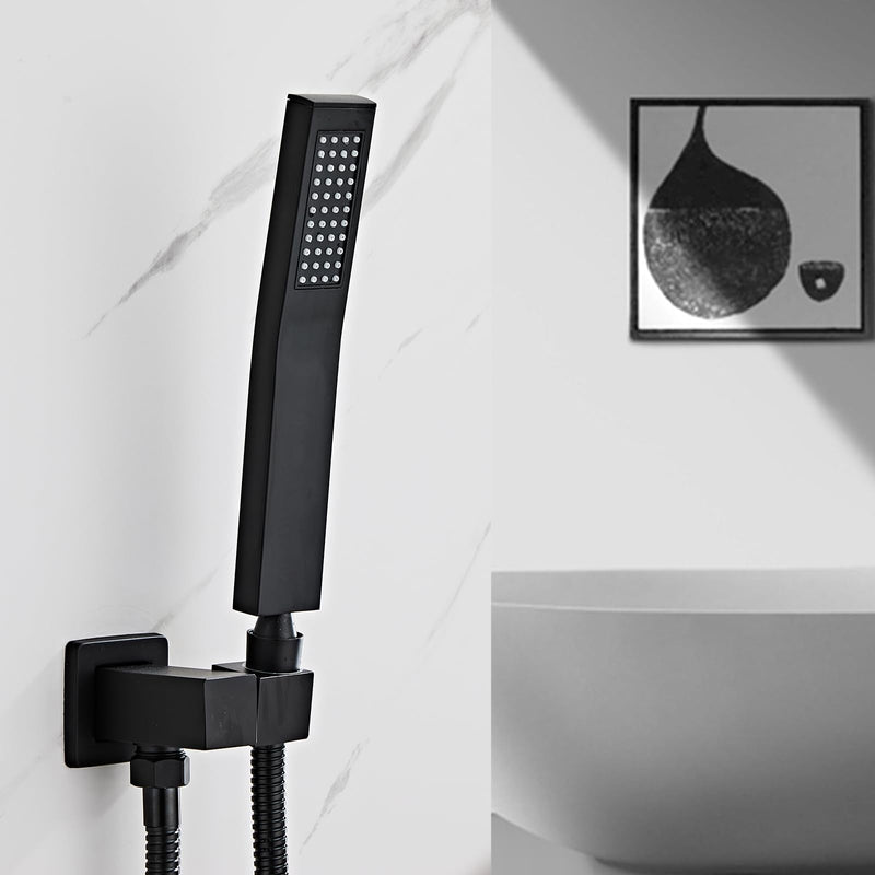 Black square hand shower head, handheld shower head with hose,brass High pressure flushing With adjustable water supply elbow Wall mount connector Shower bracket and hose set Black