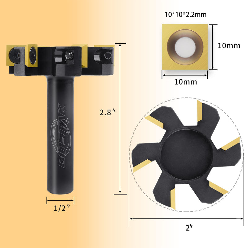 CNC Spoilboard Surfacing Router Bit, 1/2" Shank 2" Cutting Diameter, 6 Wings Carbide Insert Slab Flattening Router Bits Wood Planing Planer Bit Surfacing Bit 1/2" Shank-2" Cut Dia. (6 Inserts)