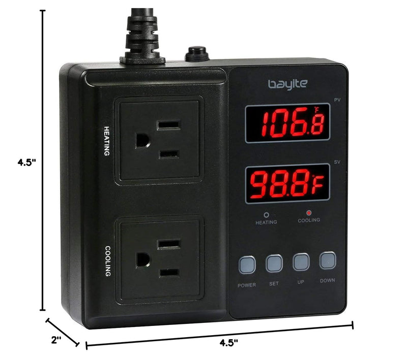bayite Temperature Controller 1650W 15A BTC211 Dual Digital Outlet Thermostat Plug, Pre-Wired, 2 Stage Heating and Cooling Mode, 110V - 240V, Fermentation BBQ Reptile Aquarium