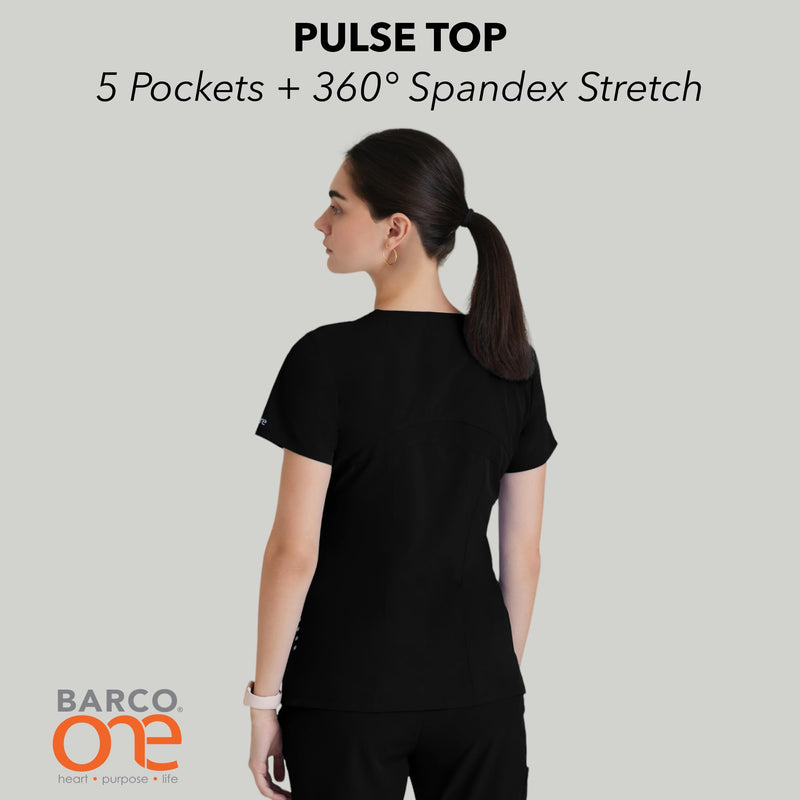 BARCO ONE Women's Pulse Scrub Top, Sporty V-Neck Medical Top w/ 4-Way Stretch & 5 Pockets Large Black