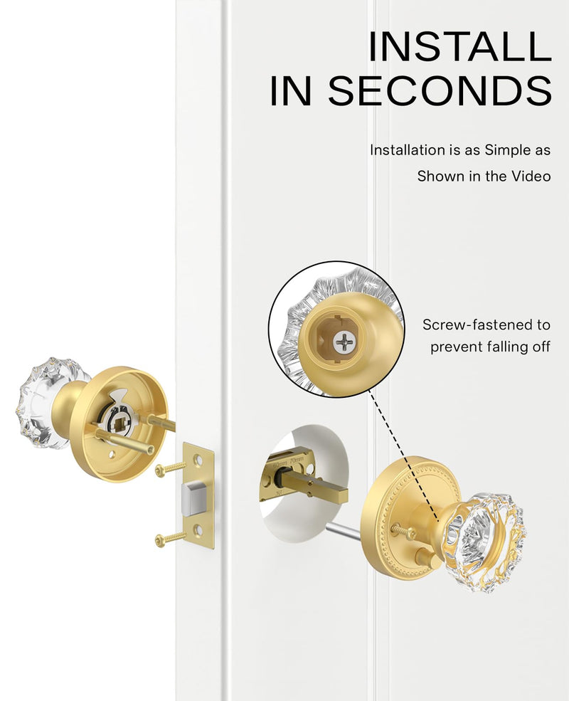 Asidrama 1 Pack Privacy Gold Crystal Door Knob with Lock, Brush Gold Glass Door Knobs Interior for Bedroom or Bathroom, Heavy Duty for Left Right Sided Doors Brushed Gold