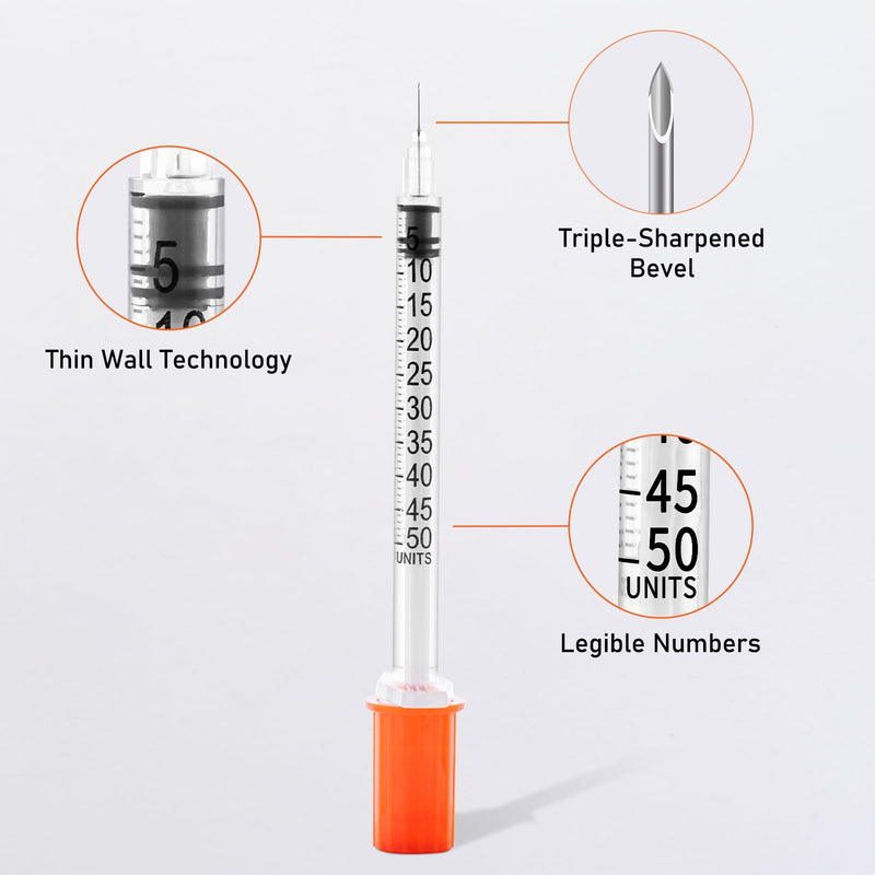 31G 0.5cc 1/4 Inch (6mm) Syringe with Needle, Individually Wrapped, Pack of 100 0.5ml-31G-1/4mm