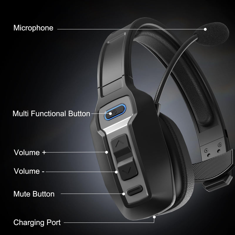 Bluetooth Headset for Truck Drivers, Single Ear Wireless Headphones with Mic Noise Cancelling, Mute Button, Hands-Free, 60H Playtime for Call Center, Office, Cell Phone