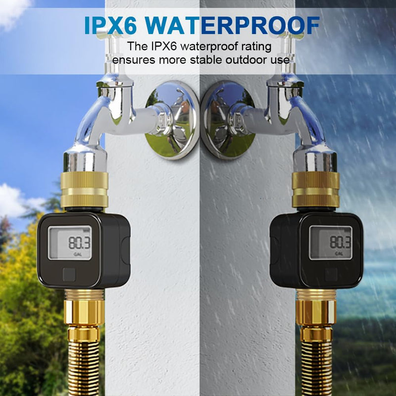Water Flow Meter with Brass Metal Thread, Measures Gallons/Liters & Flow Rate – Ideal for RV Water Tank Filling, Garden Hose Watering, Lawn Sprinklers & Nozzle Sprayers