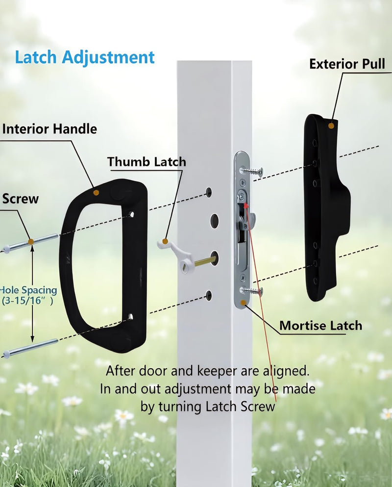 Aluminum Sliding Glass Patio Door Handle Set with Mortise Lock, Non-Keyed Pull Handles, Fits 1-1/4" to 2" Thick Doors 3-15/16" Hole Spacing, Adjustable Thumb Latch, Non-Handed, Matte Black Non-Keyed Handles + Mortise Lock