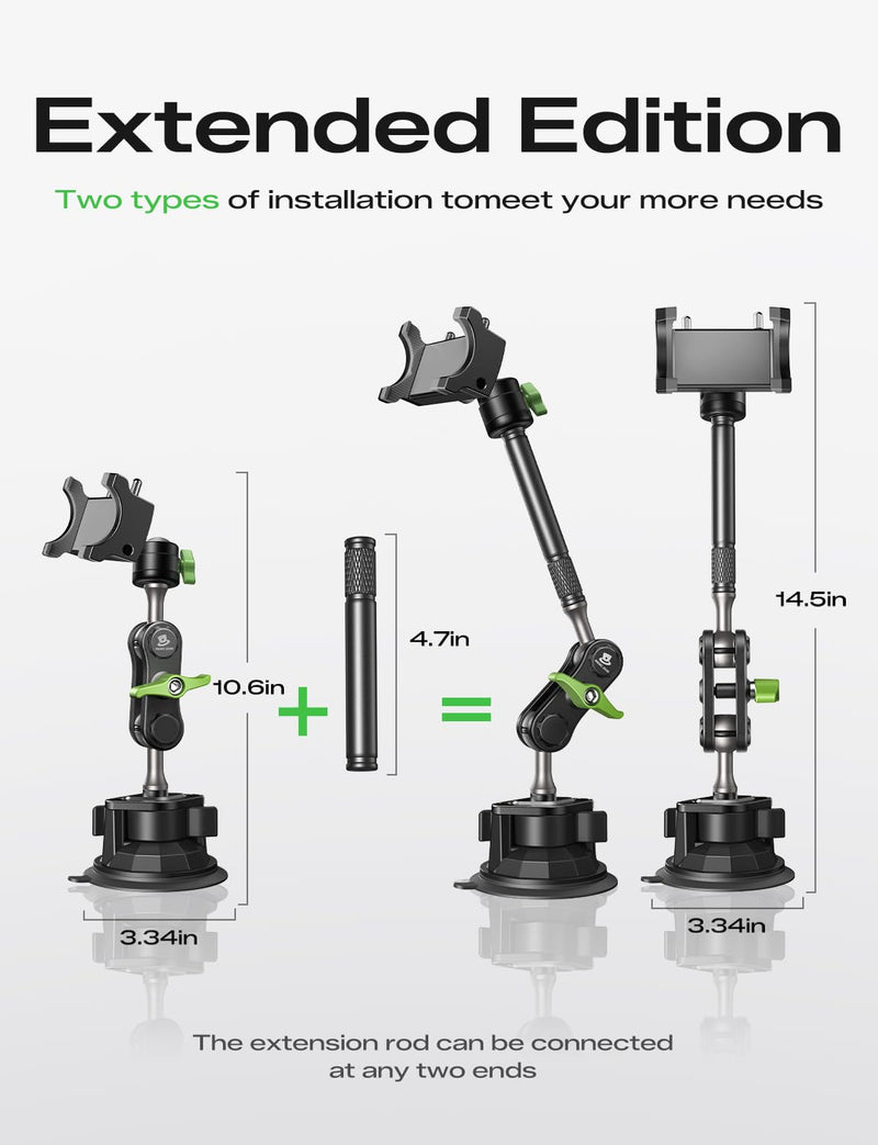 MAGIC JOHN Durable Metal Phone Holders for Your Car, Windshield Car Mount | Durable Metal Build, 360° Rotation, Strong Suction Cup Mount, Fits Windshield, Compatible With All 4-7" Smartphones. Extended