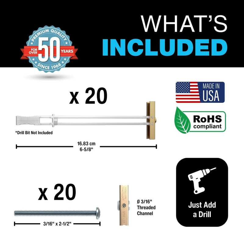 TOGGLER SNAPTOGGLE Heavy-Duty Drywall Toggle Bolt – 3/16"-24 UNC Zinc-Plated Anchor for Hollow Walls, Plaster & Tile – Holds 238 lbs in 1/2" Drywall, Easy Install – 2 Pack (Bolts Included) 20 w/ Round Head Bolts