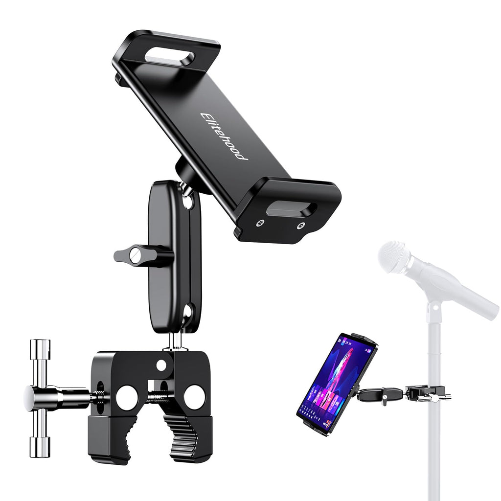 elitehood 2024 Newest Dual Ball Head Aluminum Tablet Holder for Mic Stand, Adjustable iPad Mic Stand Holder, Side Mount Microphone Music Stand Phone Holder Mount for iPad, iPhone, 4-13in Tablets 6in - Dual Ball Joint