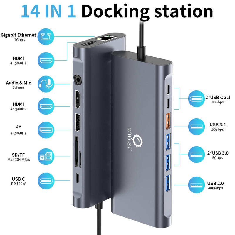 Docking Station 3 Monitors for HP/MacBook/Dell/Lenovo/Surface, USB C Docking Station with Dual 4K@60Hz HDMI & 4K DP, 14-in-1 USB C Hub with 100W PD, USB-A/C 3.1, 1Gbps Ethernet, SD/TF, 3.5mm Audio/Mic
