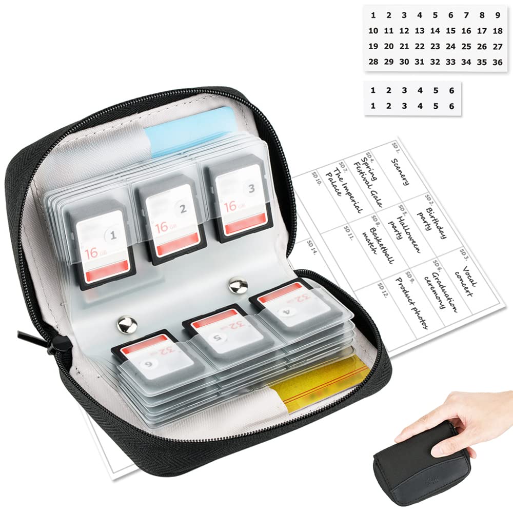 (24 SD + 4 CF) 28 Slots SD Card Holder Case with Labels, Memory Card Storage Organizer for 24 SD SDXC SDHC Cards + 4 CF XQD Cards, Portable Wallet Cases with Number Sticker, Black 28 Slots Case Black