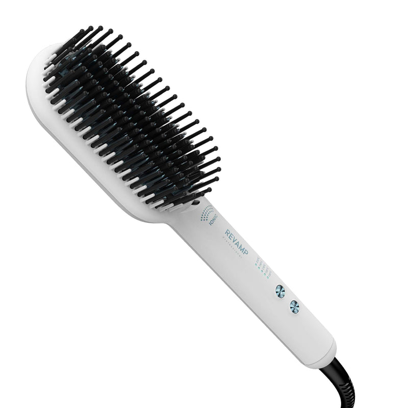  [AUSTRALIA] - REVAMP Deepform Ceramic Straightening Brush - Hair Straightening Paddle Hot Brush, Ionic Technology, Extra Long Heated Bristles for Frizz Free Hair, Oil Infused for Salon Professional Shine, White