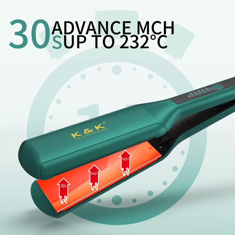 K&K 2.24" Wide Flat Iron Hair Straightener, Titanium Styler for Thick Hair | 2.24" EXTRA-WIDE PLATES: Wide ceramic-titanium floating plates tame long, thick, or coarse hair quickly in fewer passes. Green 2.24 Inches