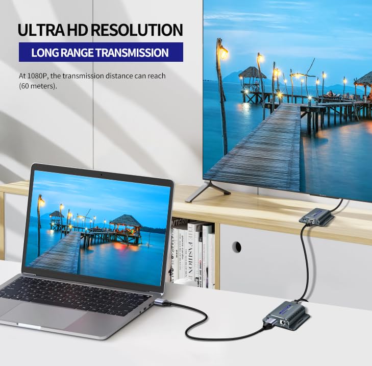 HDMI Extender Over CAT5e/6,HDMI Over Ethernet,HD MI Over cat6 with 200 FT for 1080@60Hz,RJ45 to HD Converter Plug & Play with 5V Power Adapter