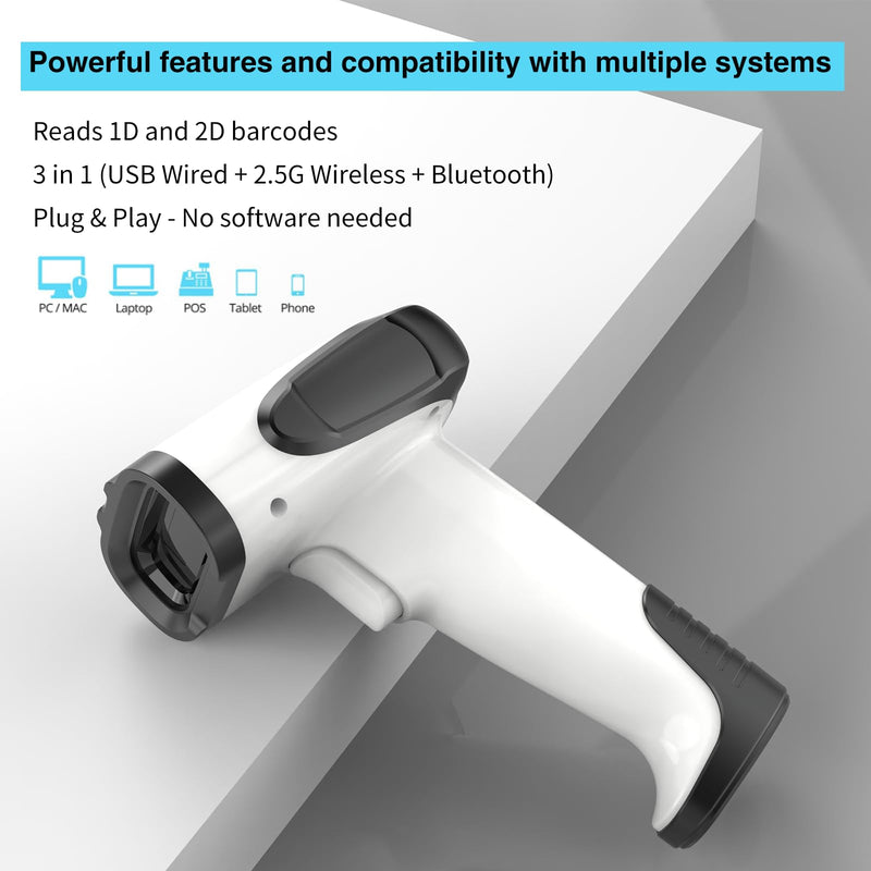 2D Handheld Wireless Barcode Scanner with Stand 3-in-1 Handheld Scanners - Cordless, Rechargeable 1D and 2D Bar Code Scanner for Inventory - Wireless, Handheld, USB Bar Code/QR Code Scanner