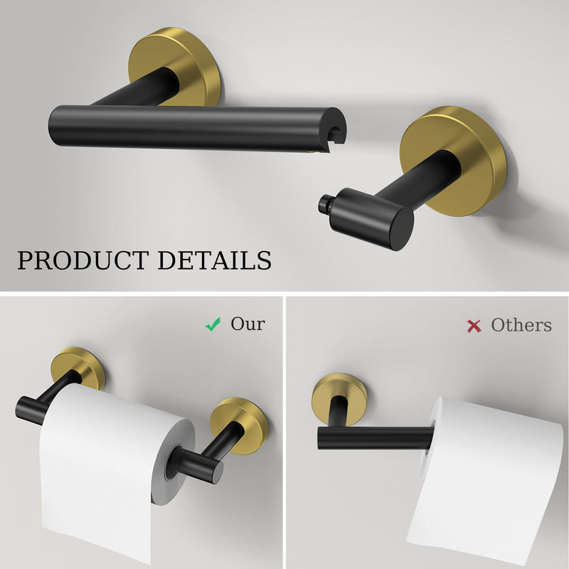 Black and Gold Toilet Paper Holder & Towel Holder, Bathroom Hardware Set-SUS304 Stainless Steel Double Post Pivoting Tissue Roll Holder and Hand Towel Ring Set for Bathroom, RV Black Gold