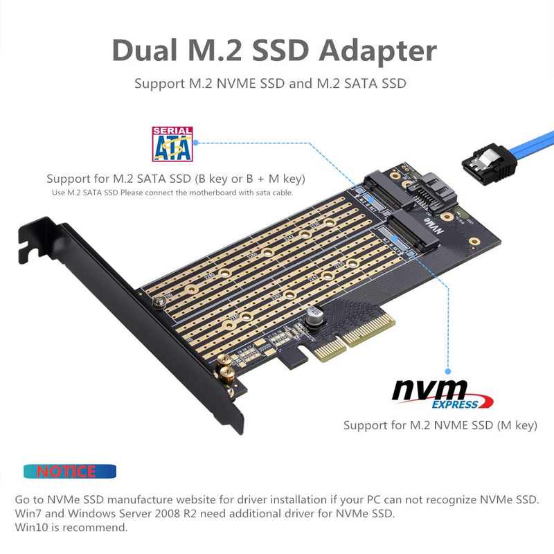 Dual M.2 PCIE Adapter for SATA or PCIE NVMe SSD with advanced heat sink solution,M.2 SSD NVME (m key) and SATA (b key) 22110 2280 2260 2242 2230 to PCI-e x 4 Host Controller Expansion Card