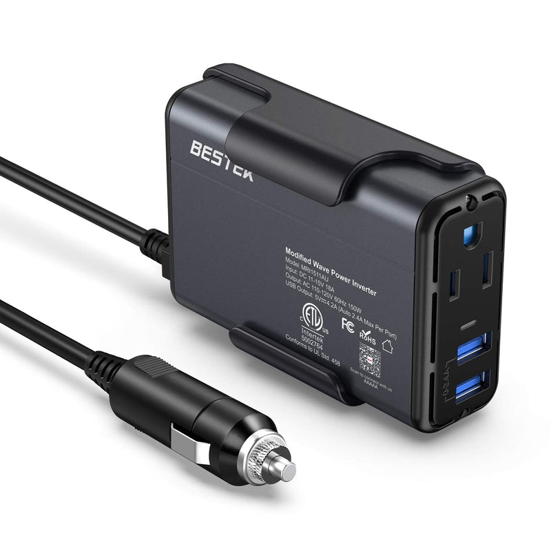 BESTEK 150W Power Inverter DC 12V to 110V AC Converter 4.2A Dual USB Car Plug Adapter Outlet Converter (Gray) Gray