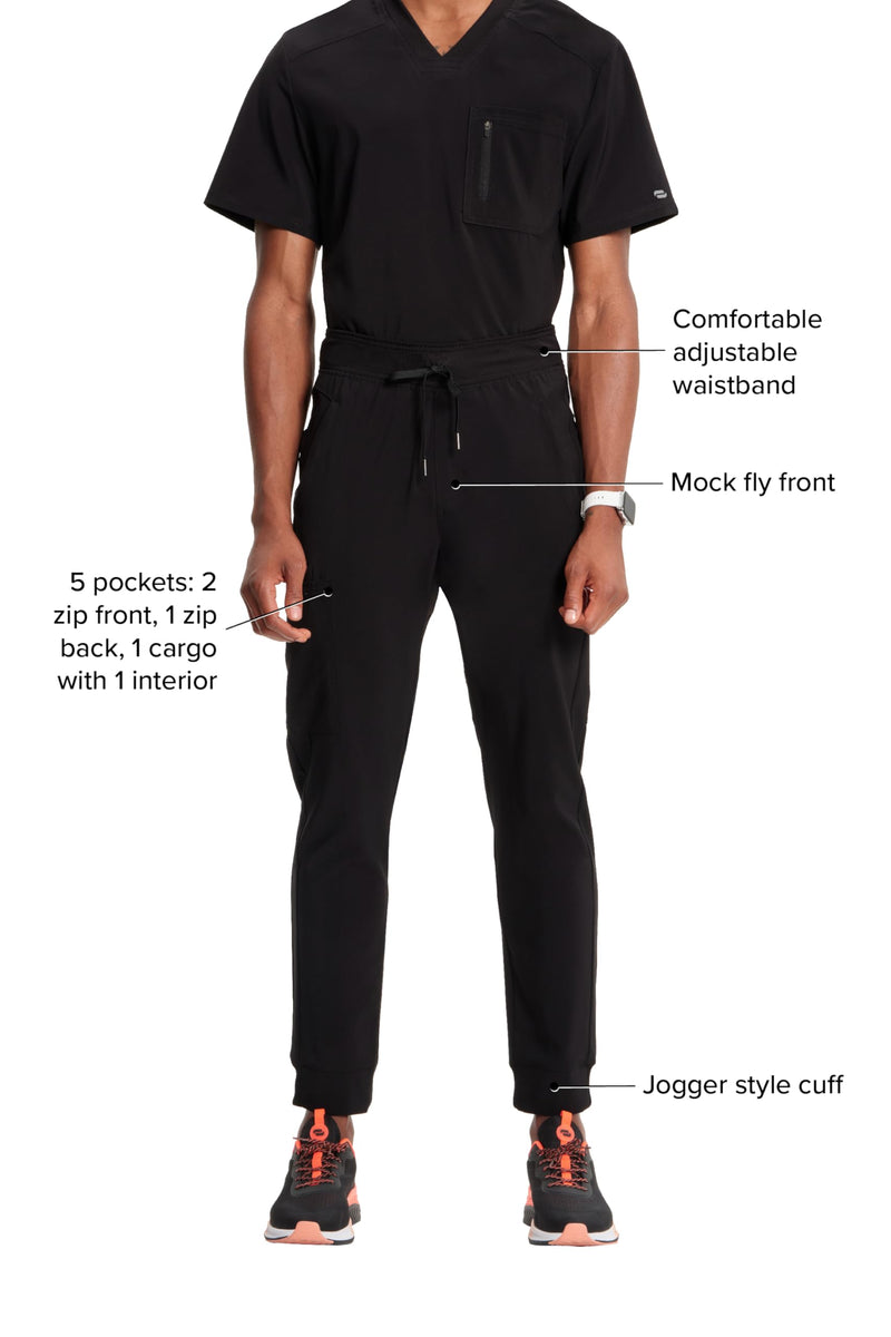 Cherokee Mens Mid Rise Jogger Scrub Pants with Zipper Cargo Pocket 360 Stretch Moisture Wicking PROTX2 Fabric - CK004A Large Black