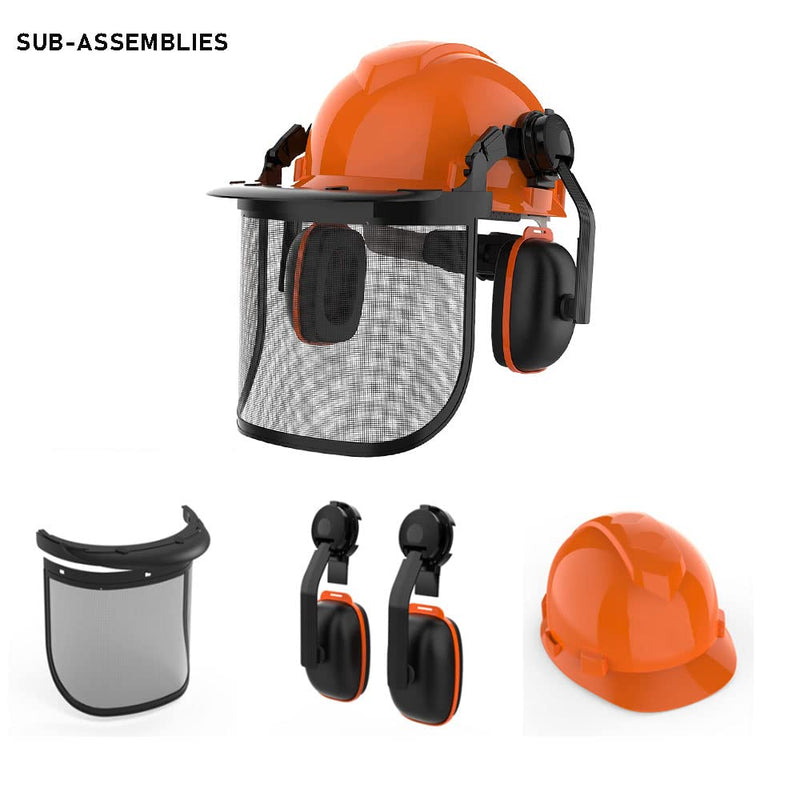 GardenPal Industrial Forestry Safety Helmet and Hearing Protection System, with Mesh Face Protection, Safety Helmet with Ear Muffs, Chainsaw Helmet, Chainsaw Face Shield, (Orange)