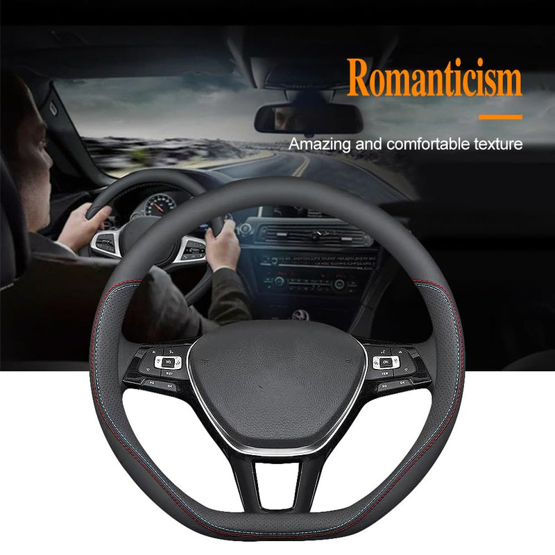Carodi Latest Nappa Leather car Steering Wheel Cover, Stylish Non-Slip Leather car Interior 15 inches Universal (D-Shape,Black) D-Shape,Black (red and blue lines)
