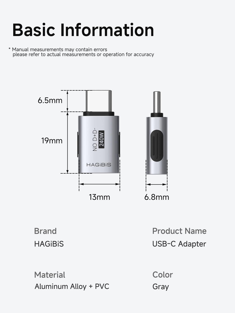 Hagibis USB C Data Blocker (2 Pack), No D+ D- Pin USB-C Adapter 240W Fast Charging Male to Female Masked Data Type-C Converter for iPhone 17 Tablets Safe Public and Travel Charging (ZJTN15) ZJTN15