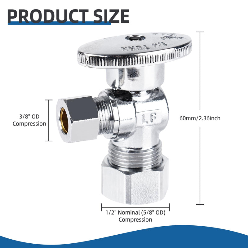 (10 Pack) BH Angle Stop Valve 1/2" Nominal Compression x 3/8" OD, 1/4-Turn Shut Off Valve, Chrome Plated Brass, for Bathroom Toilet Kitchen Shower Plumbing 10PCS