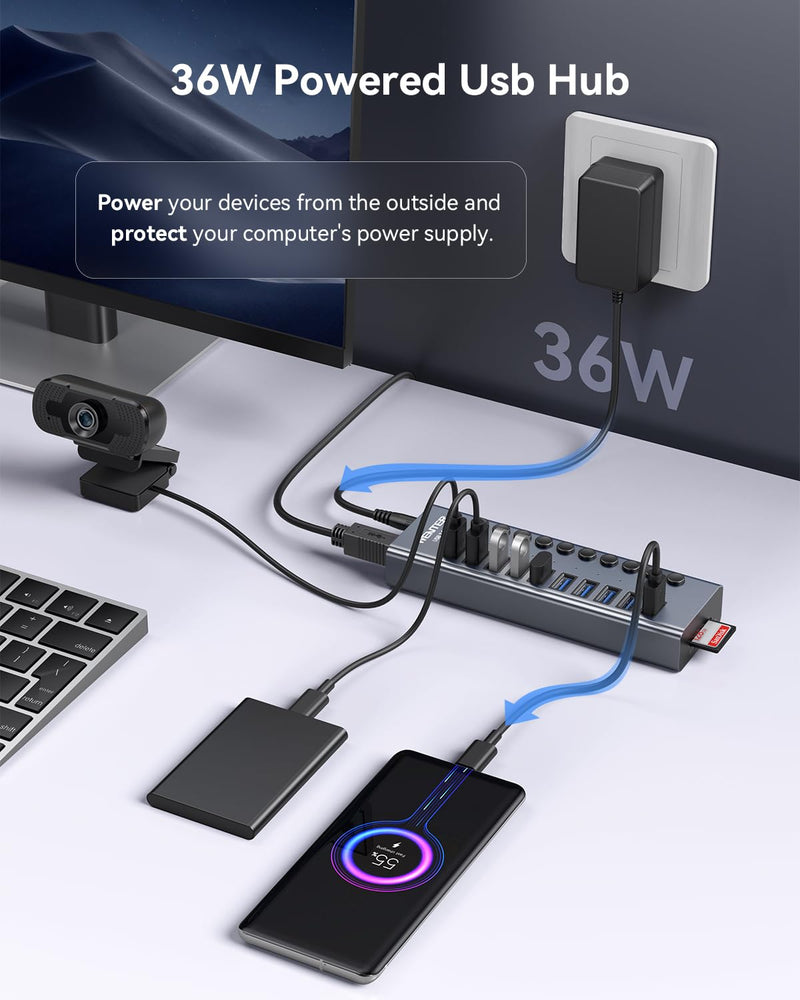 WENTER Powered USB Hub 3.0 with SD/TF Card Reader, Aluminum 10 Port Powered USB Hub (9 USB 3.0 Data Transfer Port & 1 USB Fast Charging Port Hub) USB 3.0 Hub for PC, Laptop Aluminum 9+1 Powered USB Hub