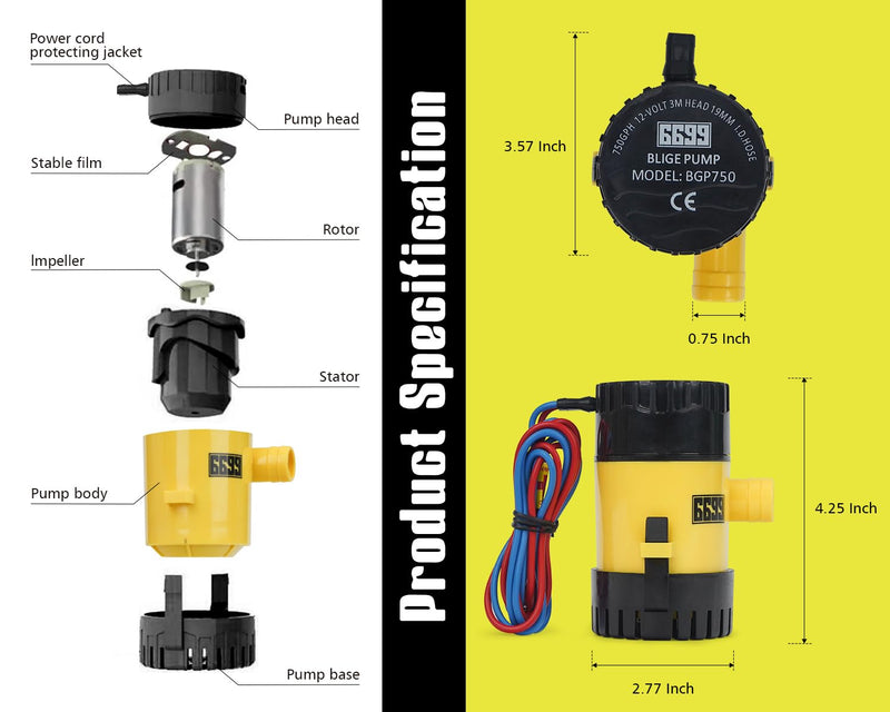 Boat Bilge Pump 12V DC with 3.3ft Power Cord 750 GPH Maximum Flow Rate for Marine Yacht Kayak Canoe and Small Boats Efficient Water Removal System with Durable Design and Easy Installation