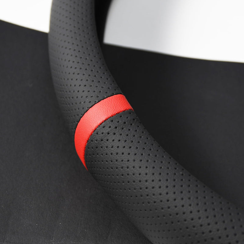 Quick Install Sporty Perforated Nappa Leather Steering Wheel Cover with Red Circular Stripe Trim Universal fit Any 14½ to 15 inches Car Pickup SUV 14.5 to 15 inches SW Black+Top Red Circle