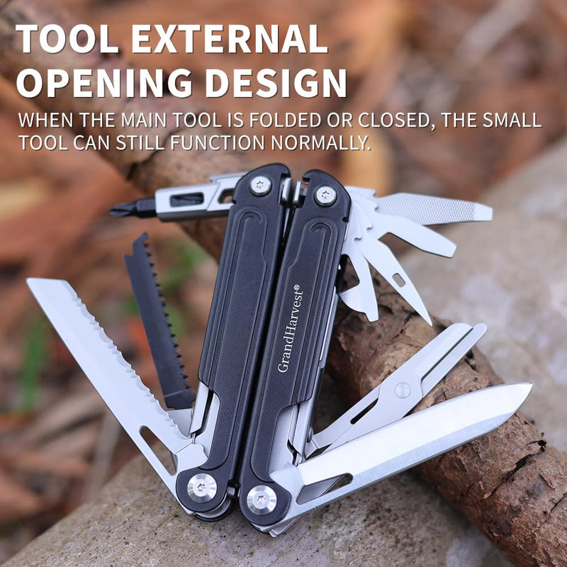 GrandHarvest 17-in-1 Stainless Steel Multi-Tool, self-locking practical multi-tool, equipped with large multi-purpose pliers, folding knife, belt clip, and nylon sheath, men's gift, EDC multi-tool
