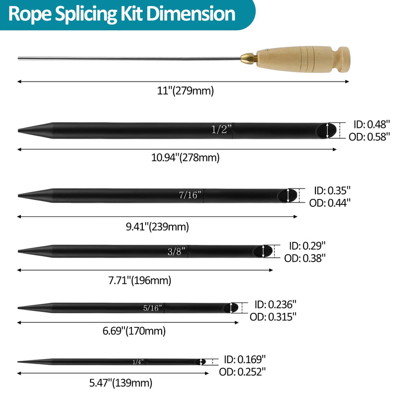 6-in-1 Rope Splicing Tools FID Kit for 1/4", 5/16", 3/8", 7/16" & 1/2" Double Braid Eye Rope, Black Aluminum, Universal Fit for Truck, Boat