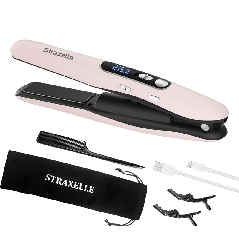 Mini Cordless Hair Straighteners, 2 in 1 Portable Flat Iron and Curler Adjustable Temp 175℃-215℃ Mini Straightener with LED Display,5000mAh Travel Straightener for Women Men (Pink) Pink