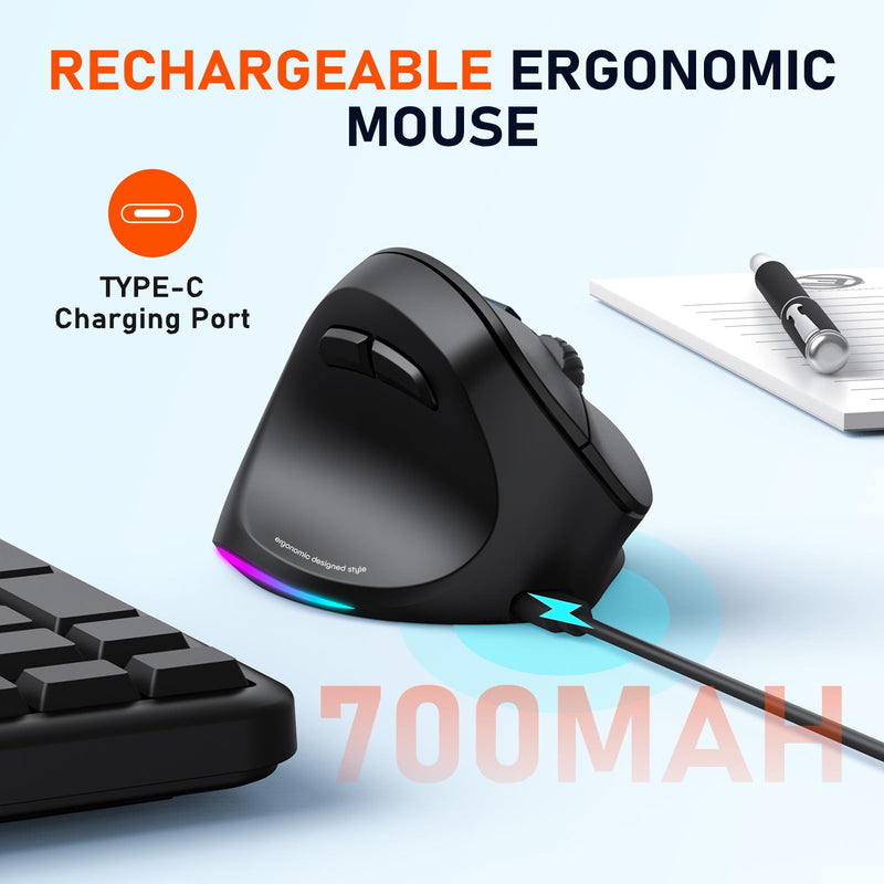 MEETION Left-Handed Ergonomic Mouse, Vertical RGB Wireless Design, Black | Comfortable vertical grip for left-handed users, rechargeable battery, Bluetooth 5.2/3.0, USB-A receiver, 4 DPI settings