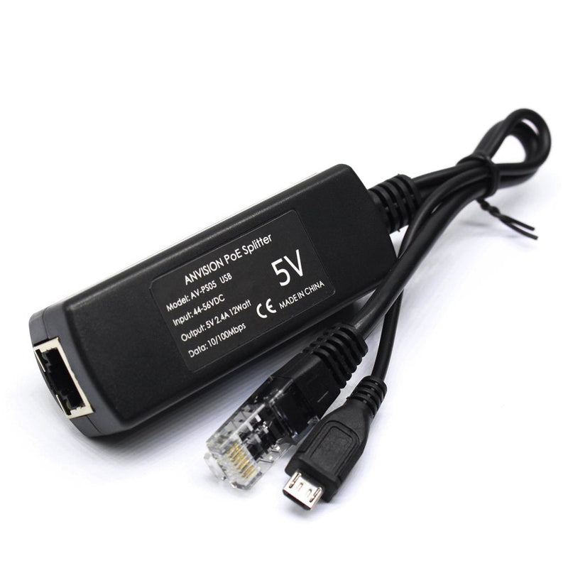 ANVISION Active 48V to 5V 2.4A PoE Splitter Adapter with Micro USB Plug, IEEE 802.3af Compliant, for Tablets, Dropcam or Raspberry Pi, IPC, IP Camera and More