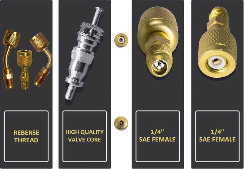 R32 R454B Brass Adapter 45 85 degrees combination, 1/4 Inch Female to 1/4 Inch Male Reverse Thread, for R-454B/R-32 A2L Refrigerant Adapter Set Tanks