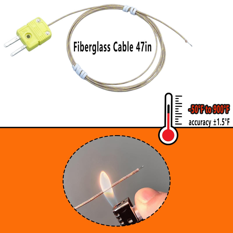 Three-Piece K-Type thermocouple Probe Set with Fiberglass Cable 47 inches Long Temperature Range -50°F to 900°F Three thermocouple sensors Included