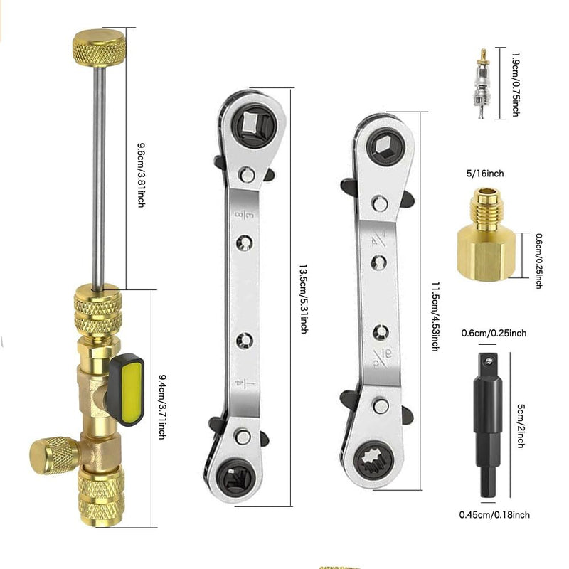 Valve Core Remover Installer Tool & HVAC Service Wrench Set with Hex Bit Adapters, Dual Size SAE 1/4 & 5/16 Port,3/8'' to 1/4'', 5/16'' x 1/4'' Refrigeration Service Wrench,10pcs Valve Core