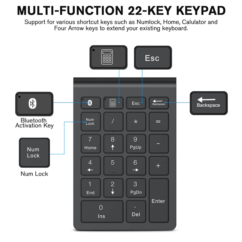 cimetech Bluetooth Number Pad, Wireless Numeric Keypad Numpad, 22 Keys Portable Mini Financial Accounting Keyboard for Laptop Notebook, Desktop, Surface Pro, PC BT-Black