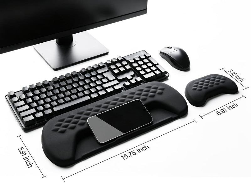 JIKIOU Wrist Rest for Keyboard and Mouse, Soft Memory Foam Wrist Rest Black | Massage Design, Non-Slip PU Base, Built-In Phone Holder & Storage Slot, Ergonomic Slope Design for Easy Typing, Pain Relief