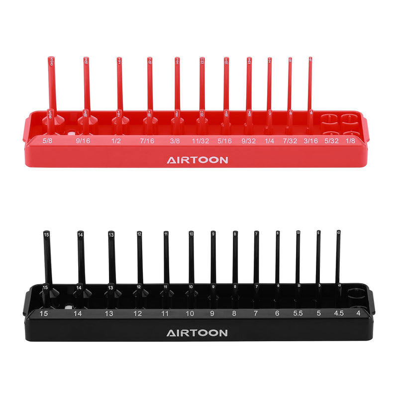 AIRTOON 1/4-Inch Drive Socket Organizer Trays, 2-Piece SAE and Metric Socket Tray Set, Deep and Standard Socket Holders Organizers for Toolbox, Black & Red 1/4-Inch Drive SAE and METRIC